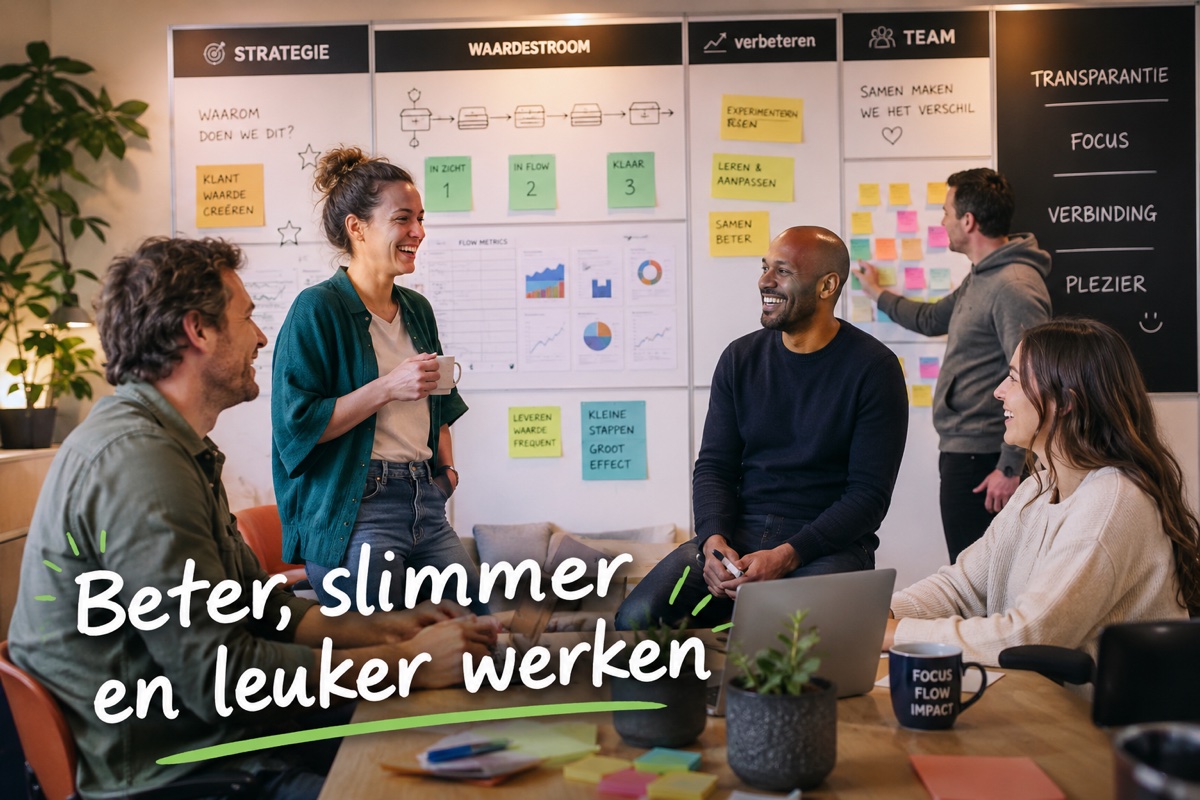 Team overlegt informeel bij een Obeya-bord met sticky notes en waardestroom